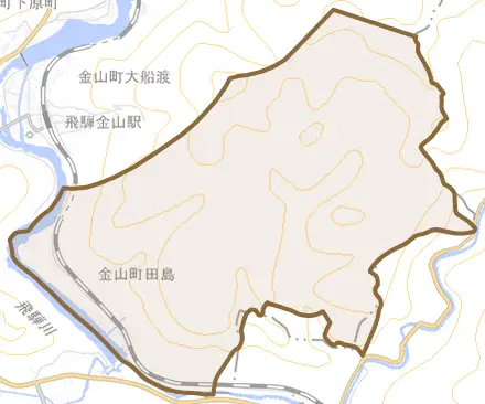 金山町田島とその周辺の地図。町の範囲を重ねている
