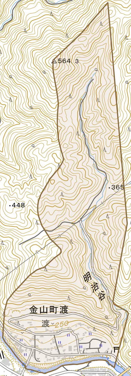 金山町渡とその周辺の地図。町の範囲を重ねている