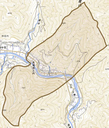 馬瀬堀之内とその周辺の地図。町の範囲を重ねている
