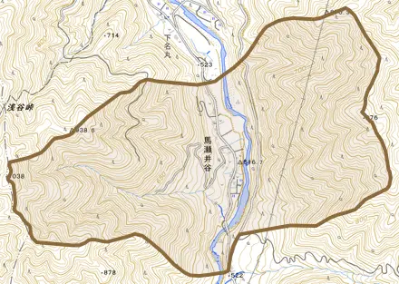 馬瀬井谷とその周辺の地図。町の範囲を重ねている