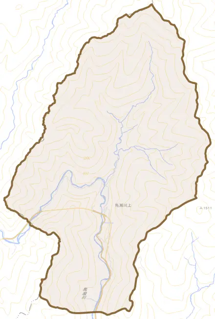馬瀬川上とその周辺の地図。町の範囲を重ねている
