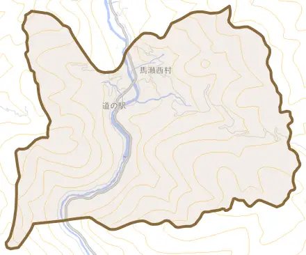 馬瀬西村とその周辺の地図。町の範囲を重ねている