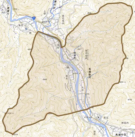 馬瀬数河とその周辺の地図。町の範囲を重ねている