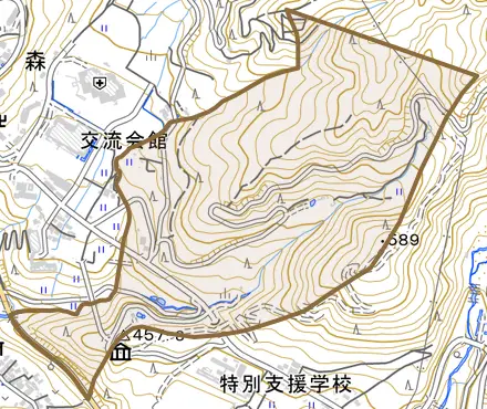 森とその周辺の地図。町の範囲を重ねている