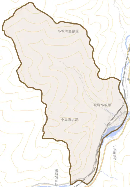 小坂町大島とその周辺の地図。町の範囲を重ねている
