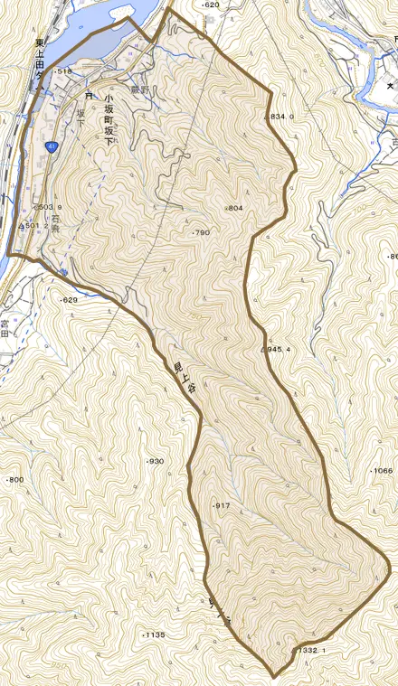小坂町坂下とその周辺の地図。町の範囲を重ねている