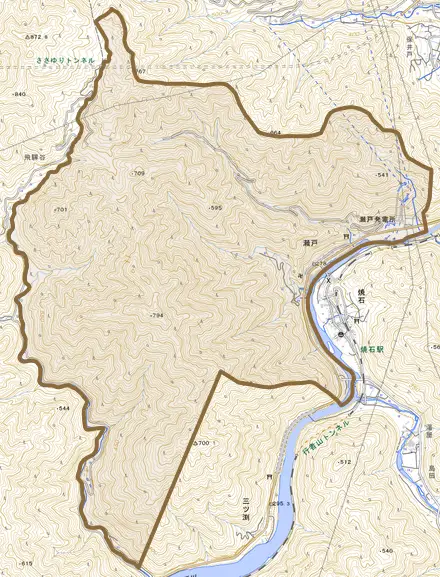 瀬戸とその周辺の地図。町の範囲を重ねている