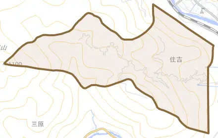 少ケ野とその周辺の地図。町の範囲を重ねている