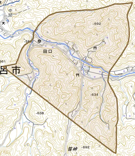 田口とその周辺の地図。町の範囲を重ねている