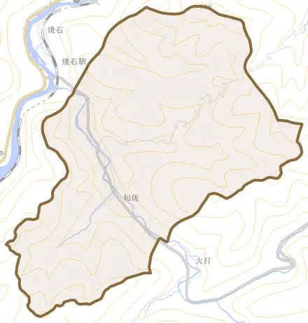 和佐とその周辺の地図。町の範囲を重ねている