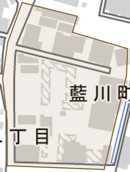 藍川町とその周辺の地図。町の範囲を重ねている