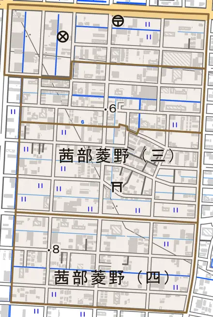 茜部菱野とその周辺の地図。町の範囲を重ねている