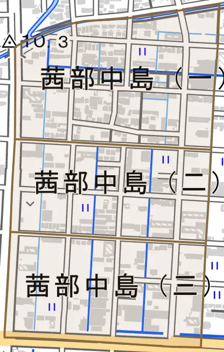 茜部中島とその周辺の地図。町の範囲を重ねている