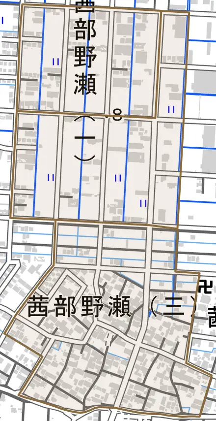 茜部野瀬とその周辺の地図。町の範囲を重ねている