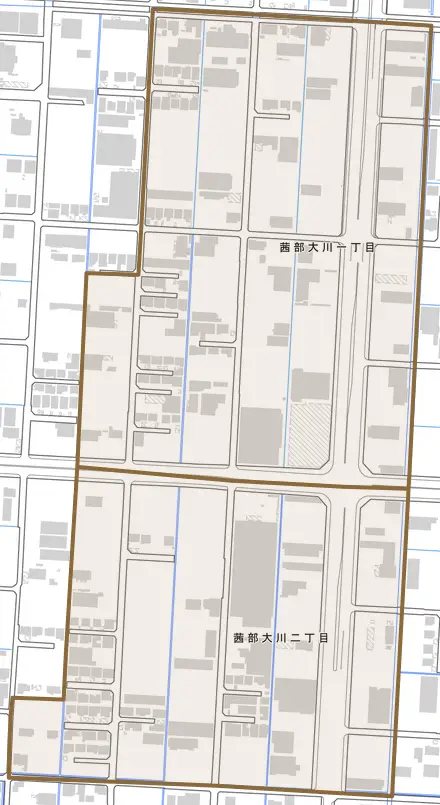 茜部大川とその周辺の地図。町の範囲を重ねている