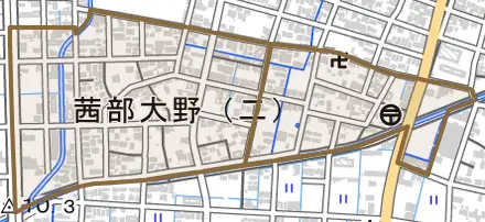 茜部大野とその周辺の地図。町の範囲を重ねている