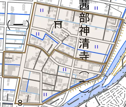 茜部神清寺とその周辺の地図。町の範囲を重ねている