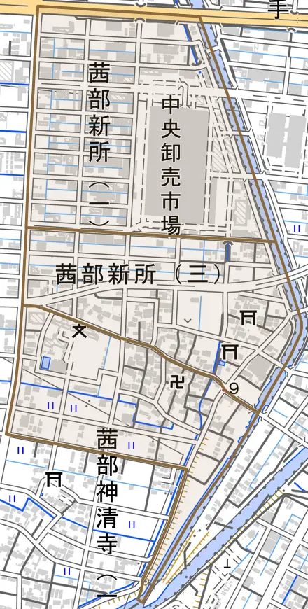 茜部新所とその周辺の地図。町の範囲を重ねている