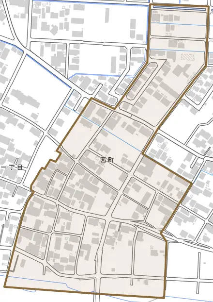 茜町とその周辺の地図。町の範囲を重ねている