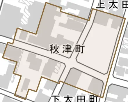 秋津町とその周辺の地図。町の範囲を重ねている