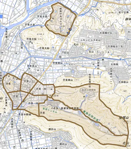 芥見とその周辺の地図。町の範囲を重ねている