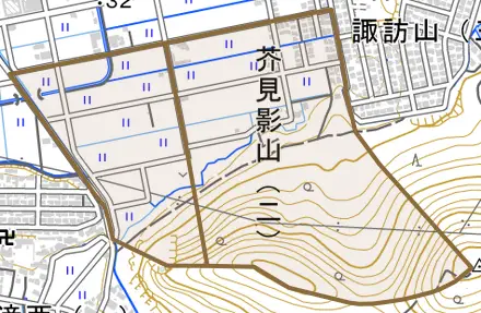 芥見影山とその周辺の地図。町の範囲を重ねている