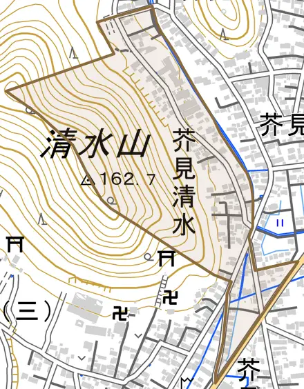 芥見清水とその周辺の地図。町の範囲を重ねている