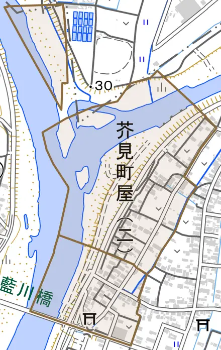 芥見町屋とその周辺の地図。町の範囲を重ねている