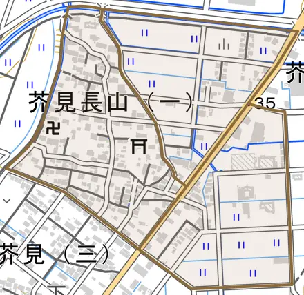 芥見長山とその周辺の地図。町の範囲を重ねている