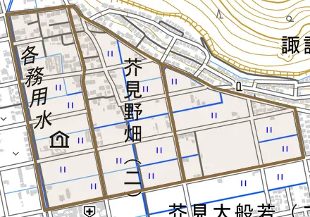 芥見野畑とその周辺の地図。町の範囲を重ねている