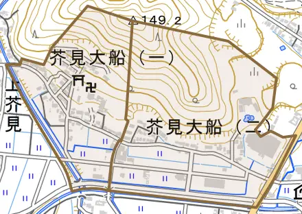 芥見大船とその周辺の地図。町の範囲を重ねている