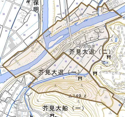 芥見大退とその周辺の地図。町の範囲を重ねている
