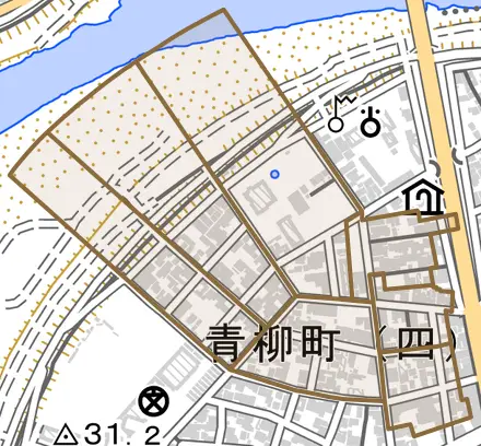 青柳町とその周辺の地図。町の範囲を重ねている