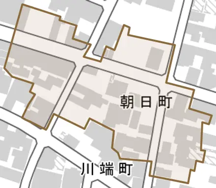 朝日町とその周辺の地図。町の範囲を重ねている