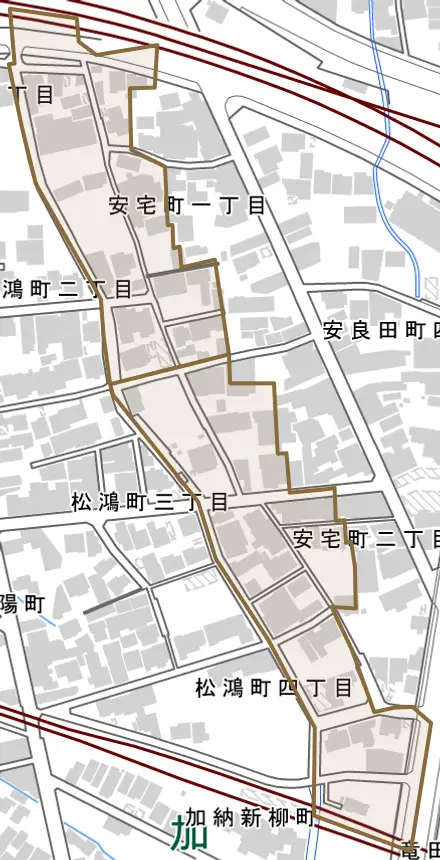 安宅町とその周辺の地図。町の範囲を重ねている