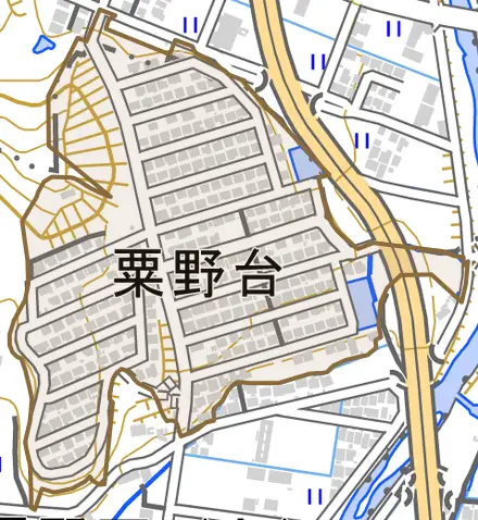 粟野台とその周辺の地図。町の範囲を重ねている