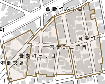 吾妻町とその周辺の地図。町の範囲を重ねている