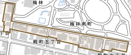 梅林南町とその周辺の地図。町の範囲を重ねている