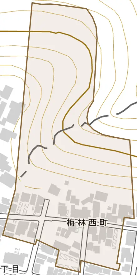梅林西町とその周辺の地図。町の範囲を重ねている