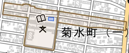 万代町とその周辺の地図。町の範囲を重ねている