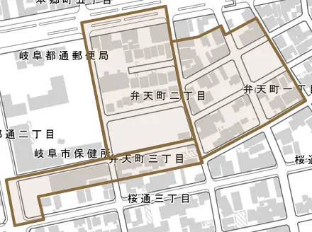弁天町とその周辺の地図。町の範囲を重ねている