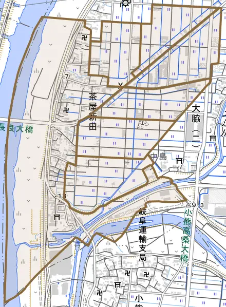 茶屋新田とその周辺の地図。町の範囲を重ねている