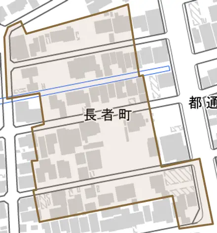 長者町とその周辺の地図。町の範囲を重ねている