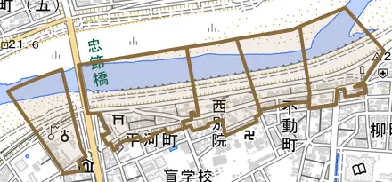 忠節町とその周辺の地図。町の範囲を重ねている