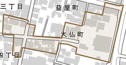 大仏町とその周辺の地図。町の範囲を重ねている