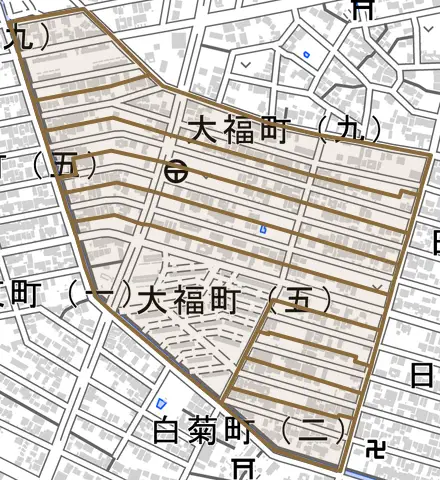 大福町とその周辺の地図。町の範囲を重ねている