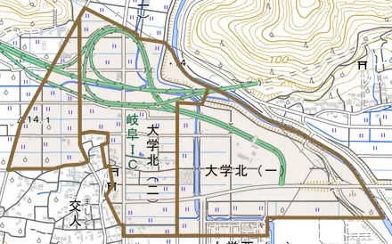 大学北とその周辺の地図。町の範囲を重ねている