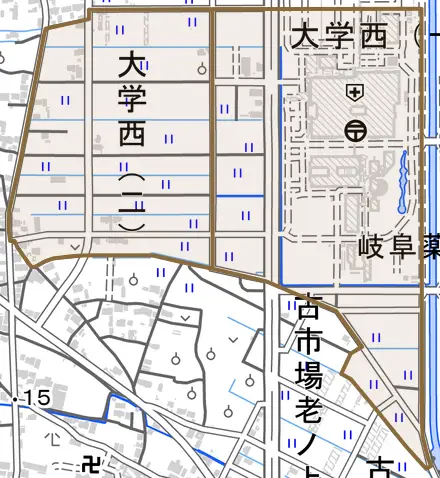 大学西とその周辺の地図。町の範囲を重ねている