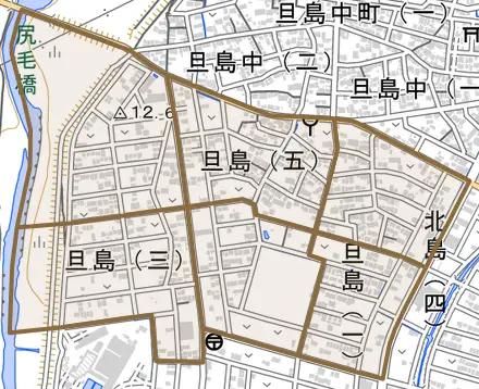 旦島とその周辺の地図。町の範囲を重ねている