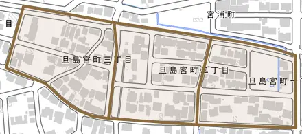 旦島宮町とその周辺の地図。町の範囲を重ねている